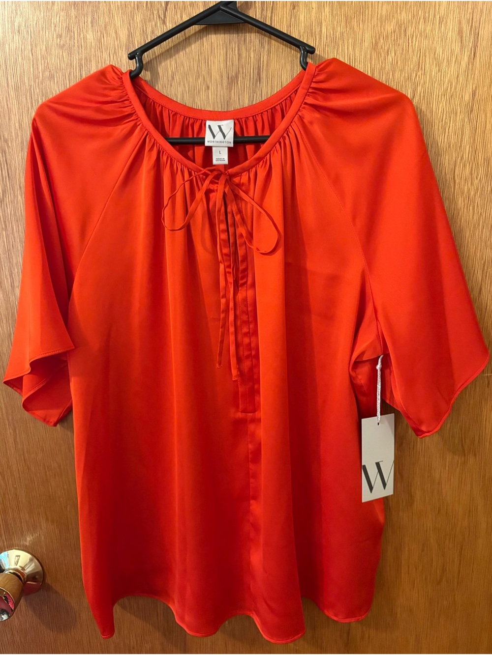 W by Worthington Orange Tie-Neck Satin Blouse NWT